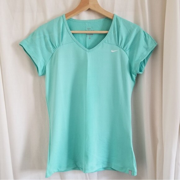 Nike Aqua Turquoise Green-Blue Dri Fit V Neck Tee Size L - Picture 1 of 8